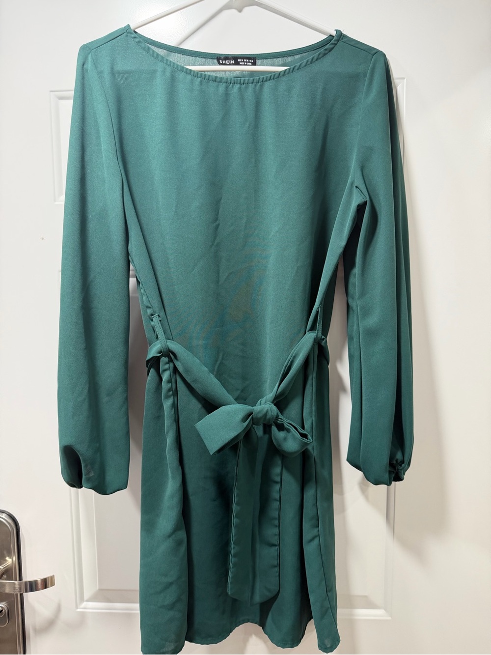 SHEIN Teal Long-Sleeve Tie-Waist Dress